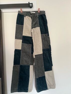 PacSun Patchwork Corduroy Wide-Leg Pants in Dark Green, Gray & Beige